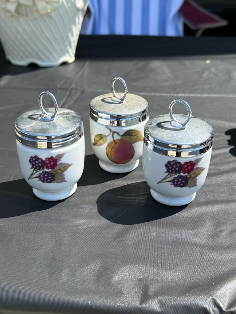 Vintage Fruit Motif Egg Cups with Silver Tops - Set of 3